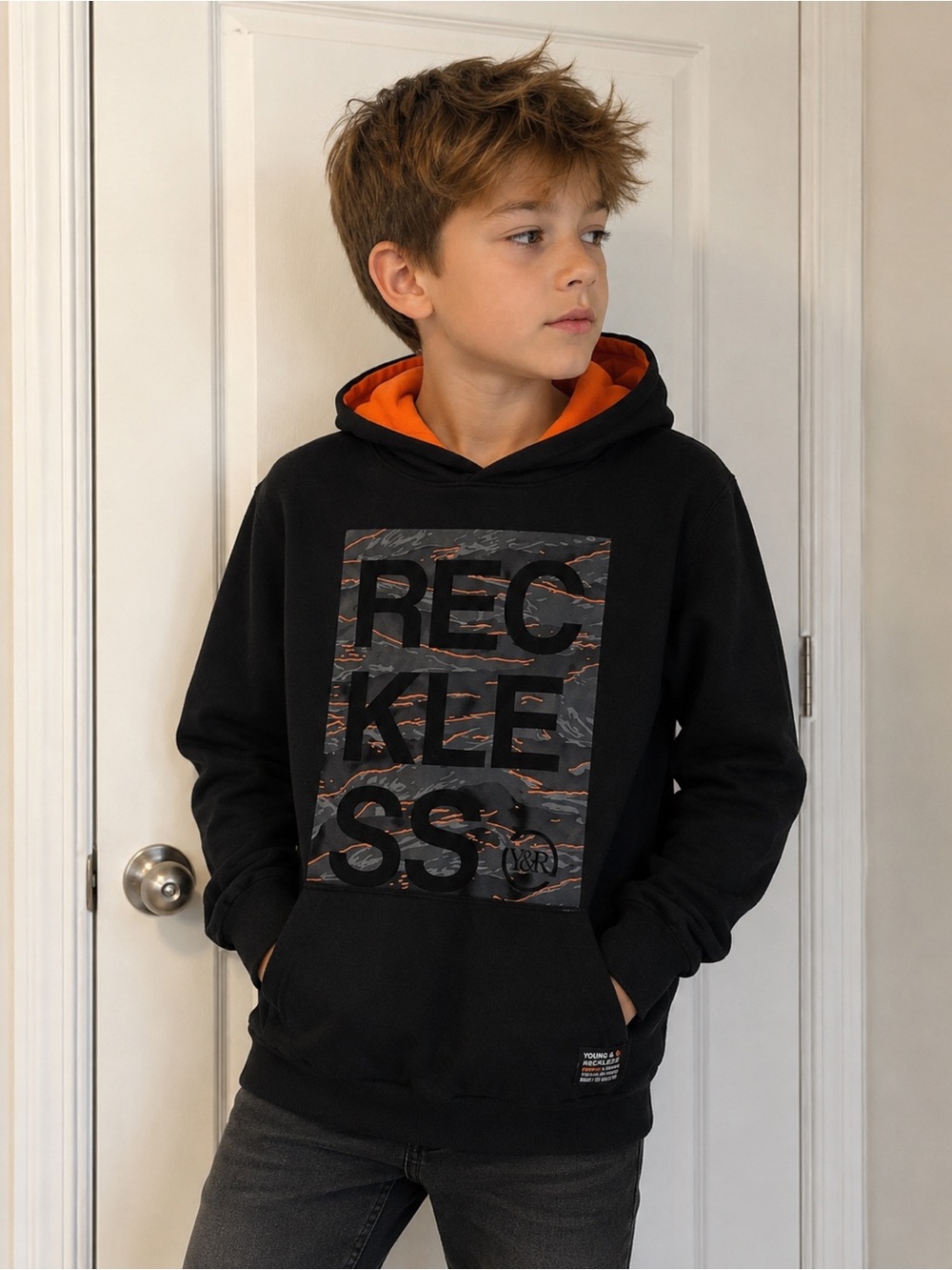 Boys Reckless black Hoodie with Orange Lined Hood